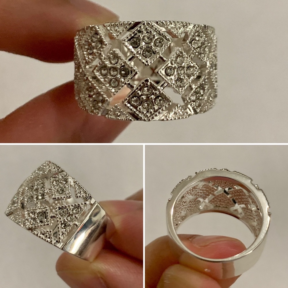Diamond Mesh Wide Band Silver Plated Ring Size 9